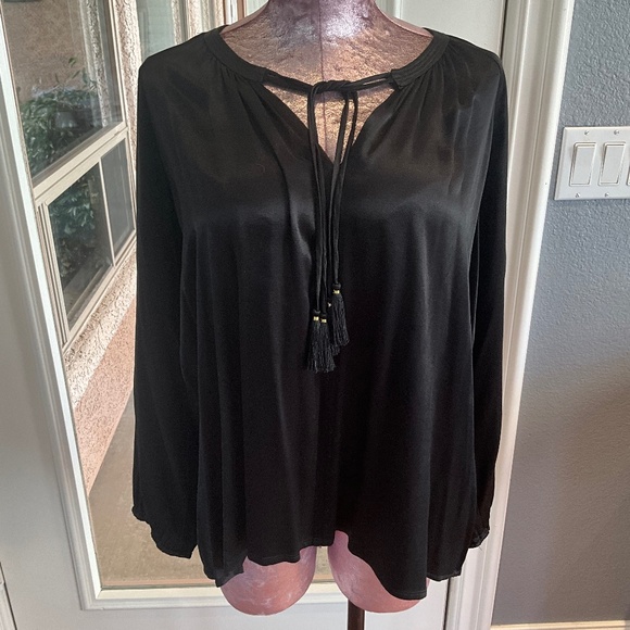 Johnny Was Tops - Johnny Was CALME L Satin Silky Peasant Tassel Blouse Whimsigoth Edgy Indie Black